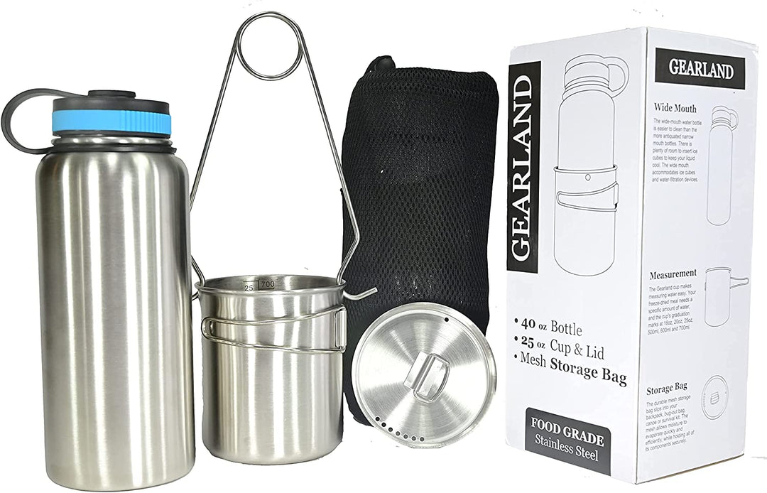 Canteen Stainless Steel Water Bottle with Nested Camping Cup and Lid for Bug Out Bag, Bushcraft Gear, Metal Canteen with a Wide Mouth Water Bottle and Mess Kit