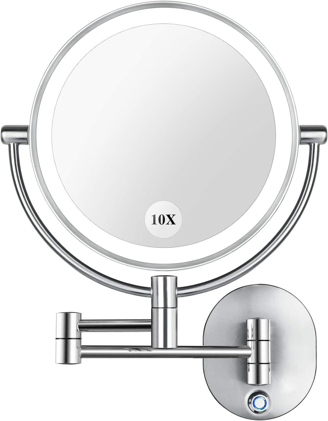 Vanity Mirror 8.5" LED Double Sided Swivel Wall Mount Makeup Mirror with 10X Magnification,13.7" Extension,Touch Button Adjustable Light,Suitable for Bedroom or Bathroom