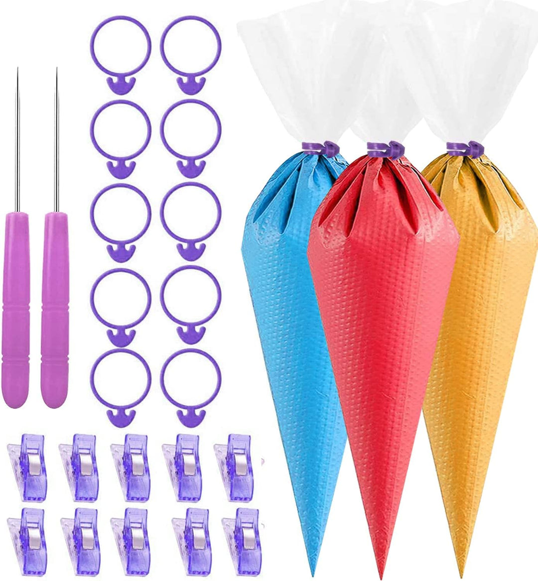 122 Pcs Cookie Decorating Tools, 100 Pcs Piping Pastry Bag, 10 Pieces Pastry Bag Ties, 10 Pcs Pastry Bag Clips and 2 Pieces Plastic Awls for Cake Cupcakes Frosting Icing Decoration (Purple)