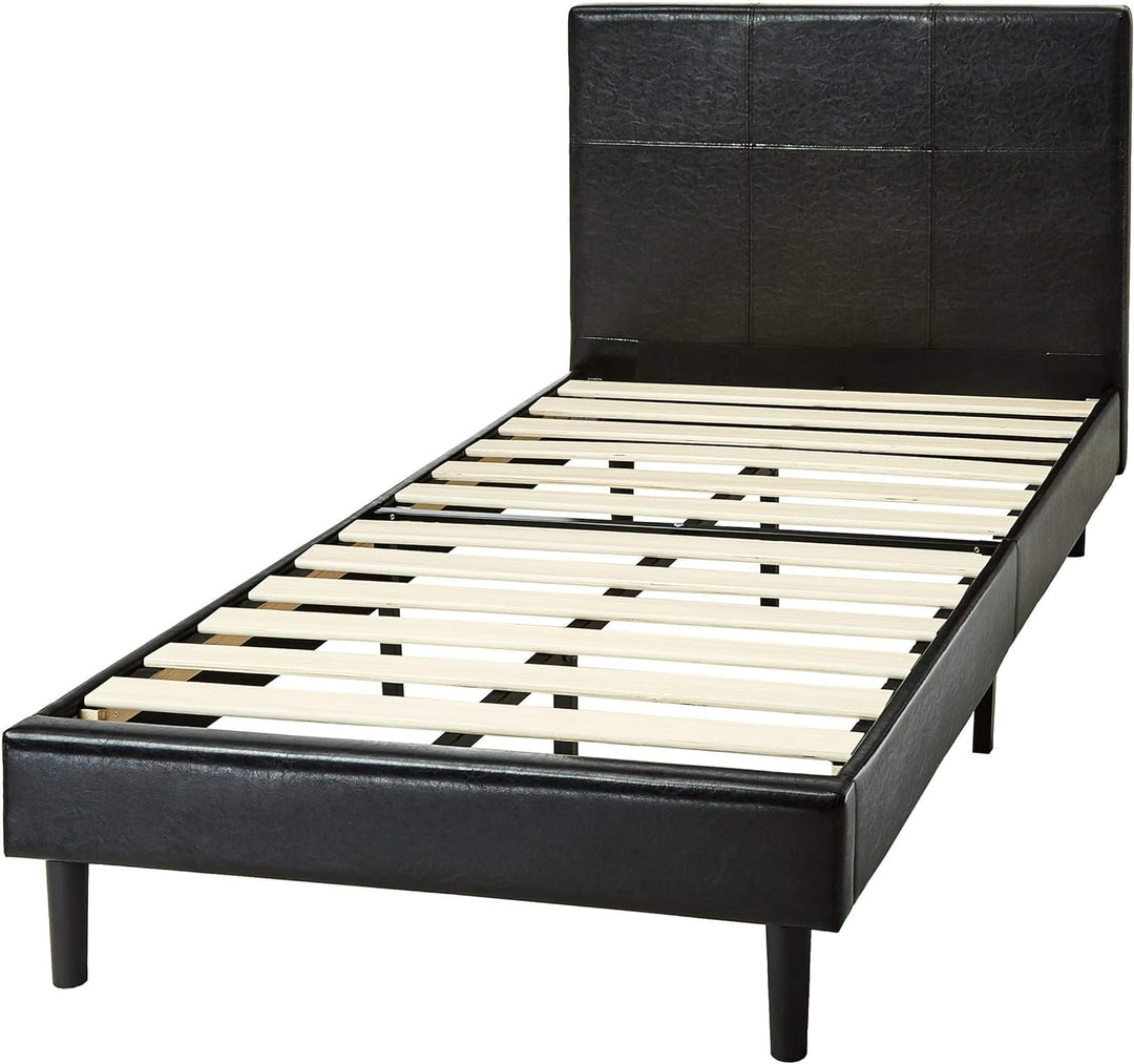 Amazon Basics Faux Leather Upholstered Platform Bed Frame with Wooden Slats, Twin, Black, 78"L X 40.5"W X 40"H