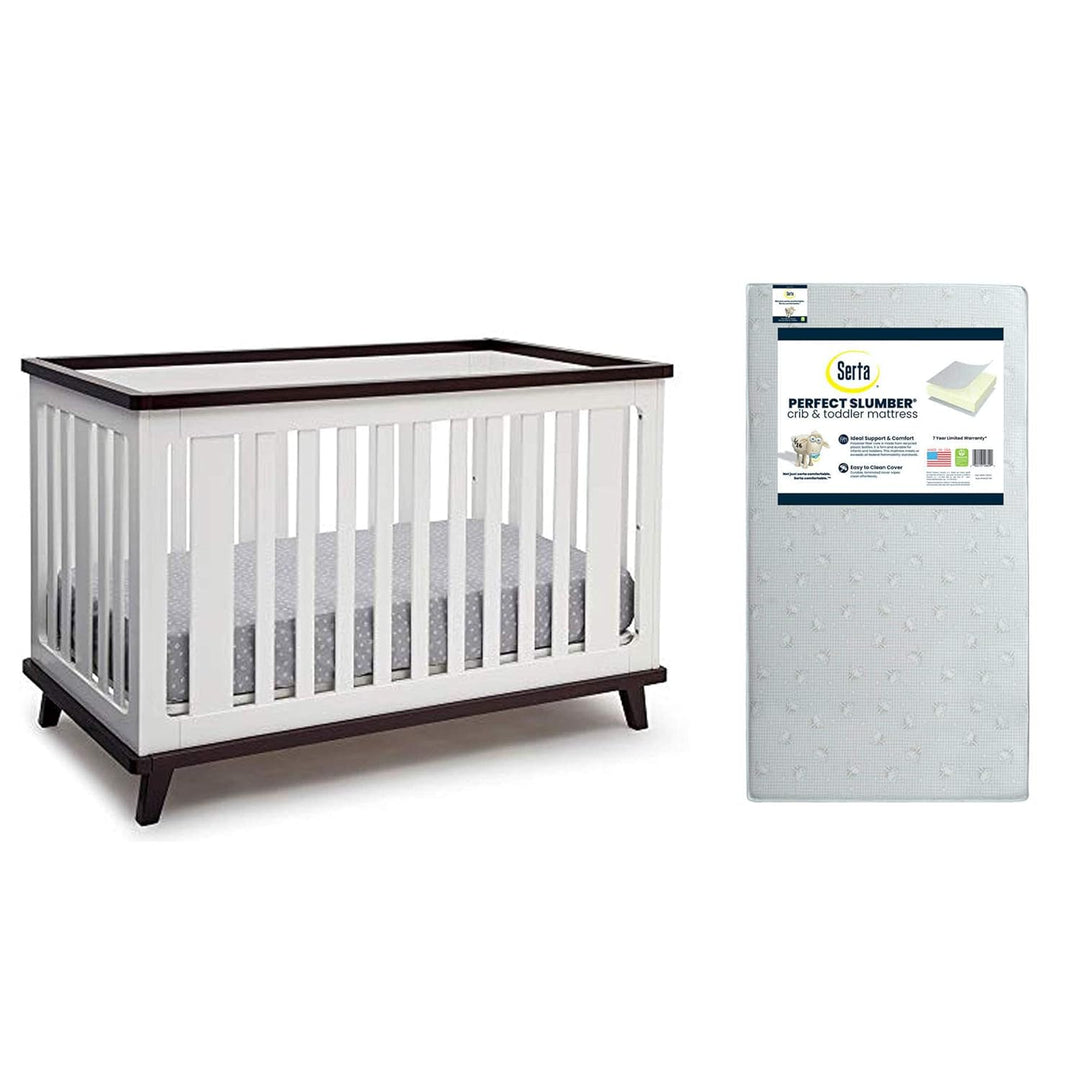 Ava 3-In-1 Convertible Crib, White/Black Espresso + Serta Perfect Slumber Dual Sided Recycled Fiber Core Crib and Toddler Mattress (Bundle)