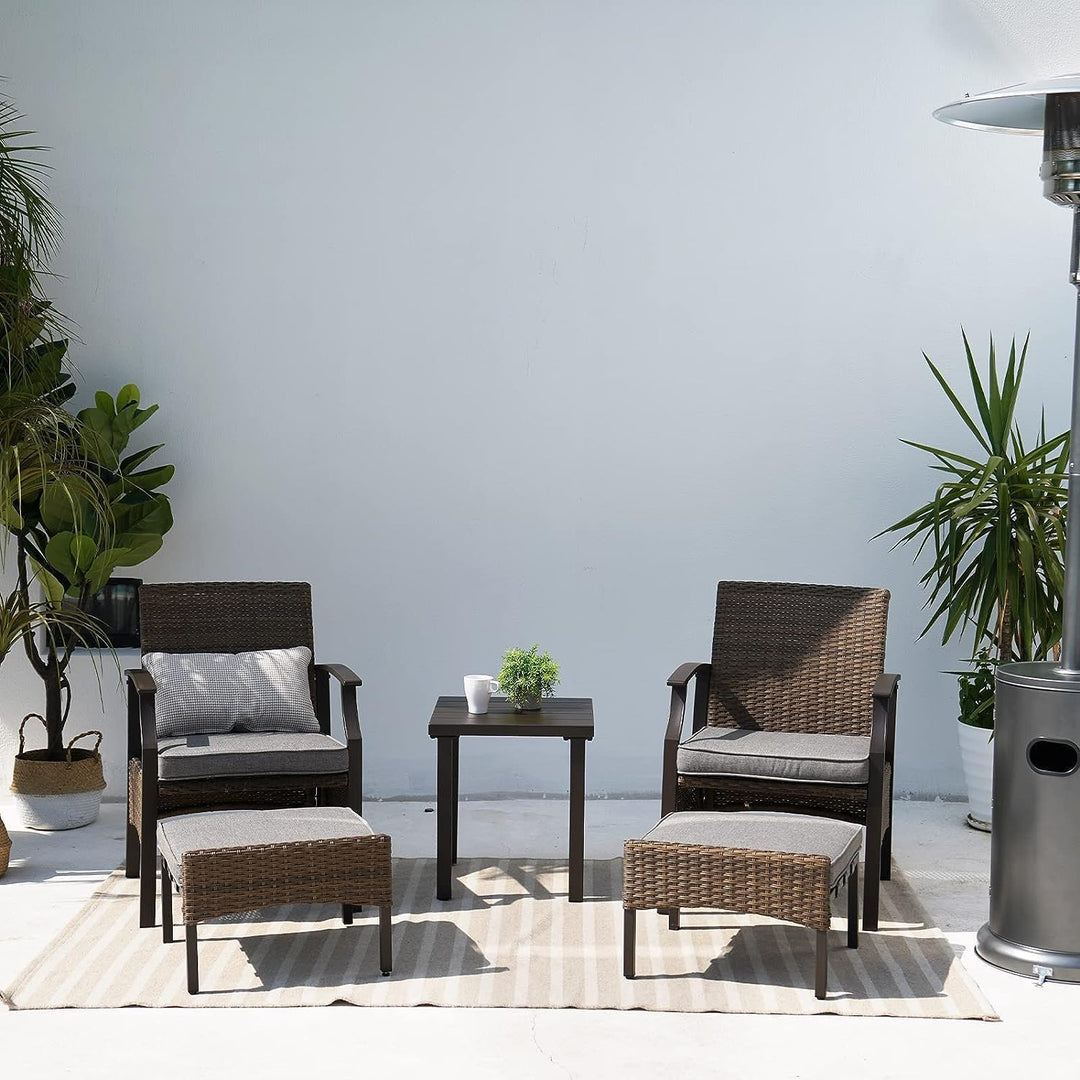 Grand Patio 5-Piece Outdoor Furniture Sets Weather-Resistant Wicker Steel Outdoor Patio Chairs with Olefin Cushions Ottomans and Coffee Table for Balcony Backyard Garden Poolside- Gray