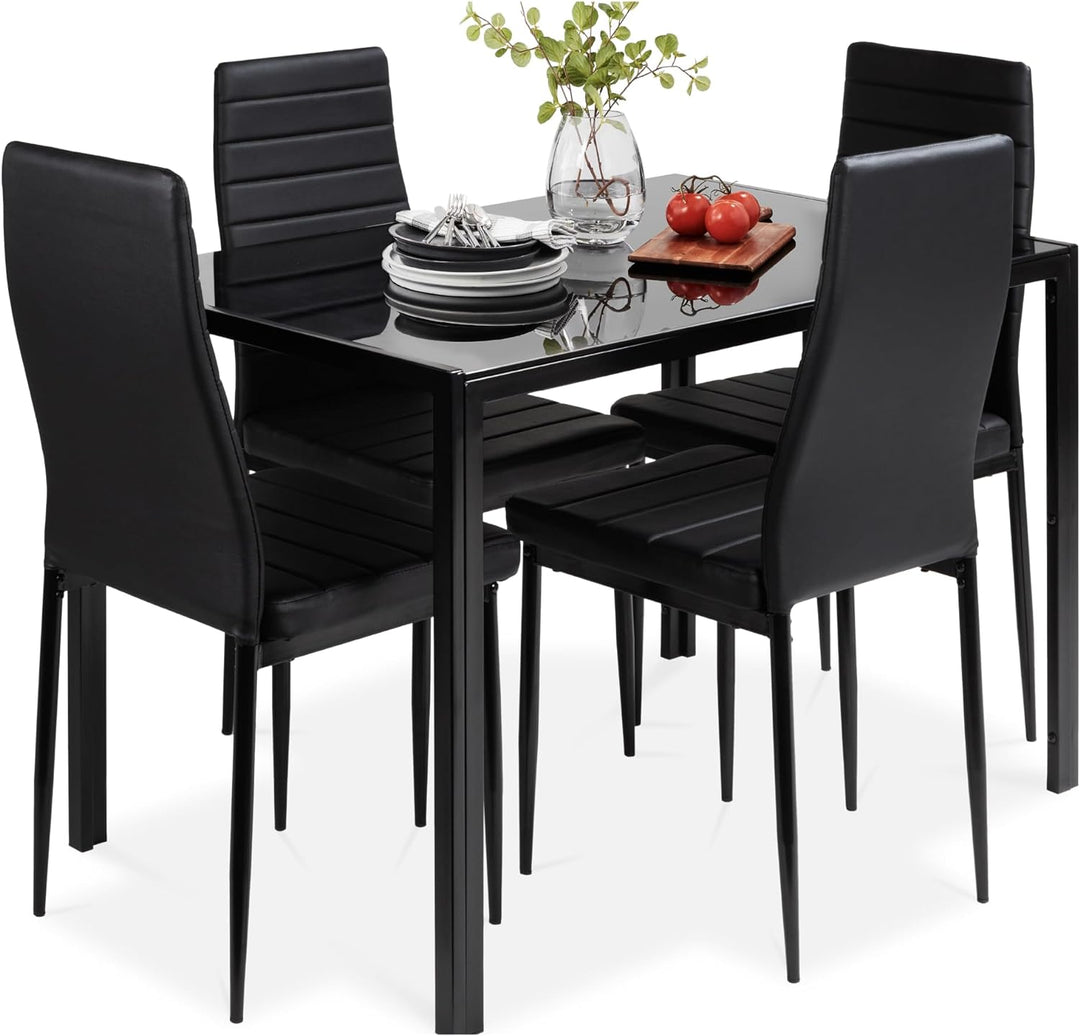 Best Choice Products 5-Piece Glass Dining Set, Modern Kitchen Table Furniture for Dining Room, Dinette, Compact Space-Saving W/Glass Tabletop, 4 Upholstered PU Chairs, Metal Steel Frame - Black