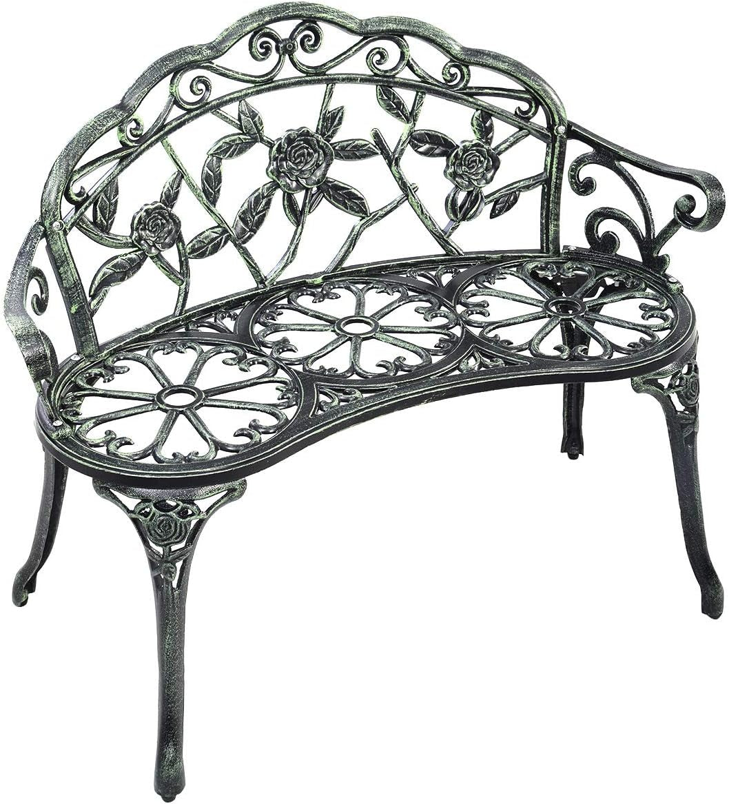 Giantex Outdoor Garden Bench Iron Patio Benches for Outdoors, Porch Bench Chair with Curved Legs Cast Aluminum Rose Antique Style, Green