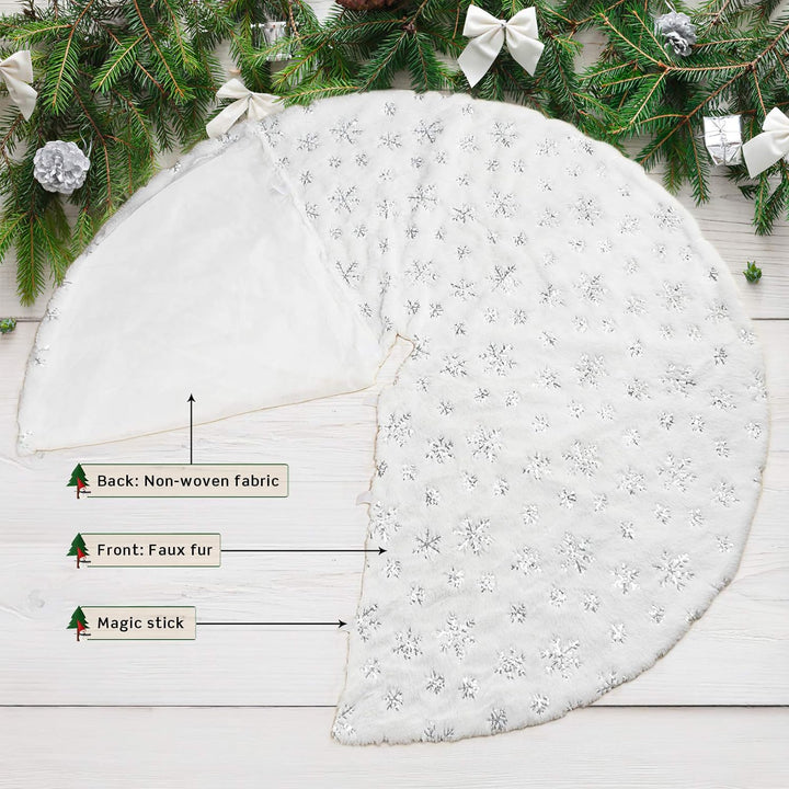 COOLWUFAN 48 Inches Christmas Tree Skirt for Xmas Tree Holiday Party Decorations White Plush Silver Sequin Snowflake (Silver)