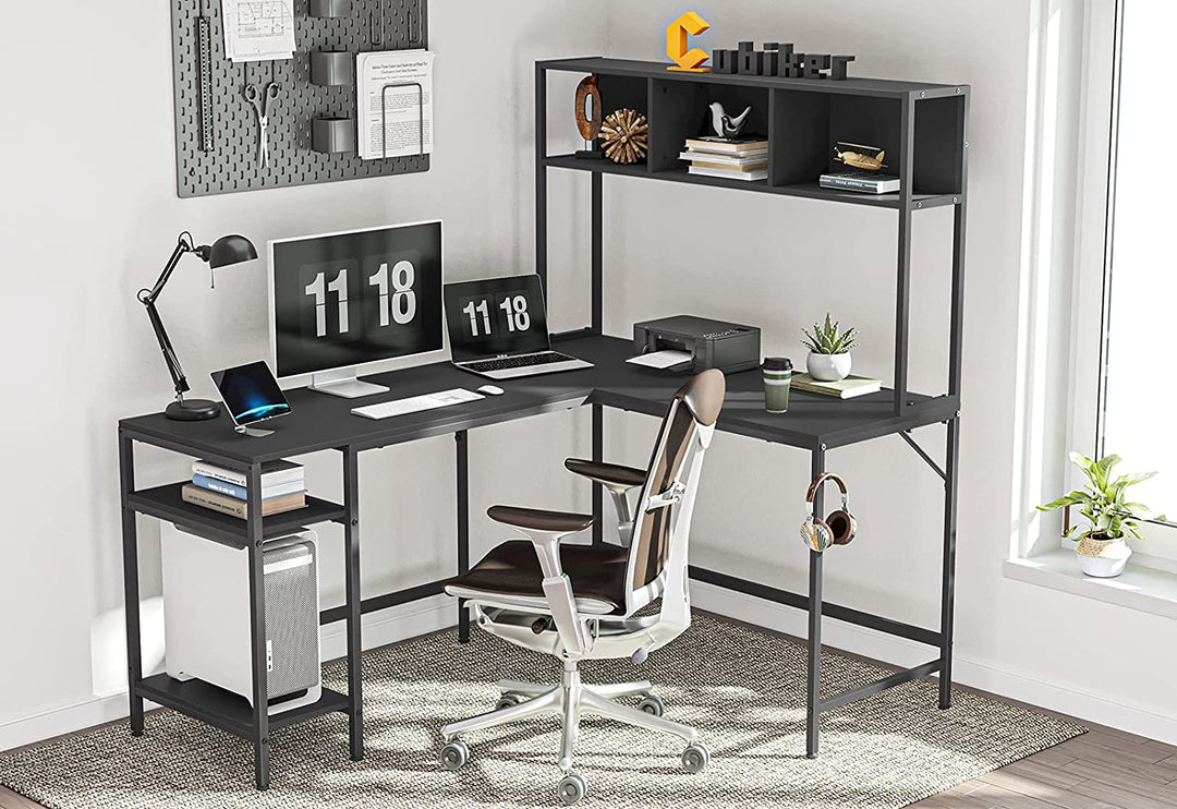 Cubiker L-Shaped Desk with Hutch, 60" Corner Computer Desk, Home Office Gaming Table with Storage Shelves, Space-Saving, Black