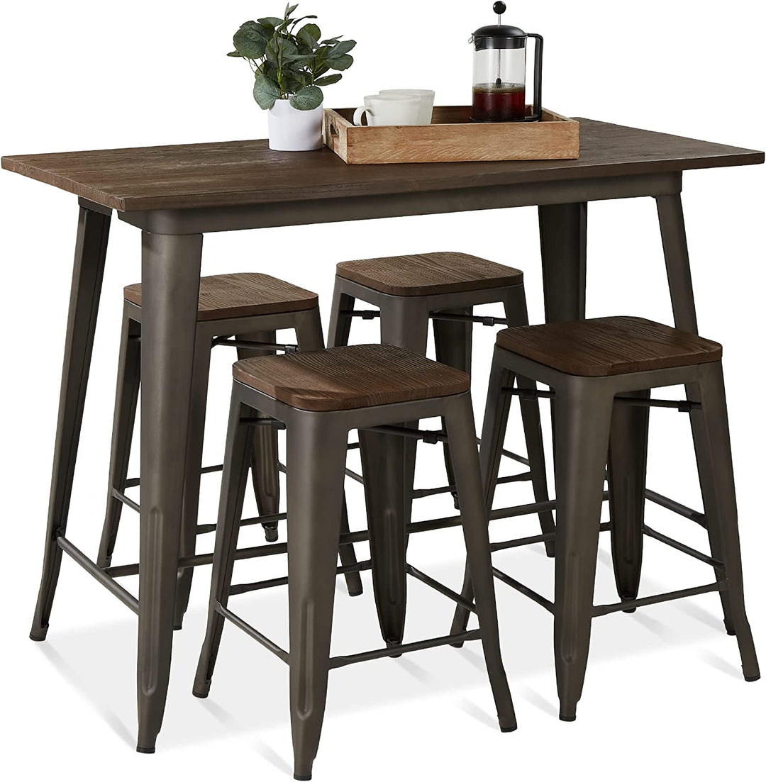 Best Choice Products 5-Piece Dining Set, Counter Height Rustic Industrial Table and Stool Set for Kitchen, Dining Room W/ 4 Backless Stools, Easy Assembly, 330Lb Capacity - Brown