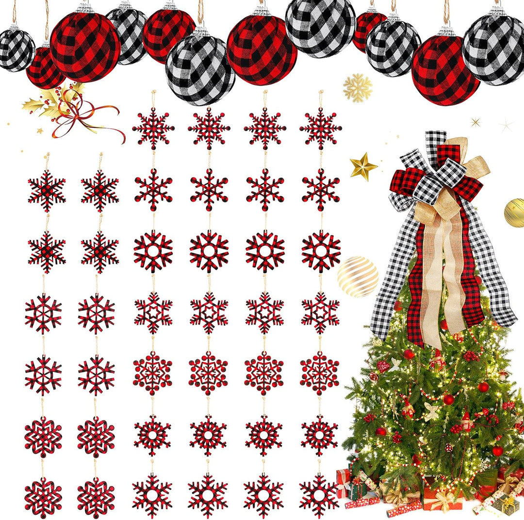 53 Pcs Christmas Buffalo Plaid Decorations Set, Include Christmas Plaid Tree Topper Bow, 12 Pcs Xmas Check Fabric Ball Ornament, 40 Pcs Wooden Snowflake Hanging Ornament for Holiday Christmas Party