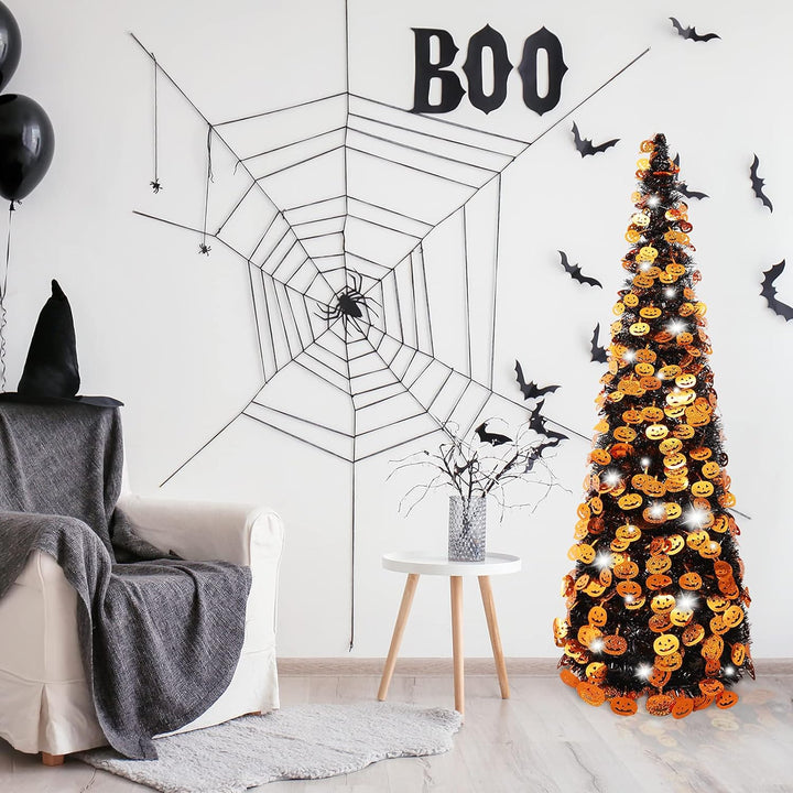 Fovths 5 Feet Halloween Collapsible Artificial Tree, Pop up Small Thin Black Tinsel Orange Pumpkin Sequin with 60 String Lights for Holiday Party Decorations Indoor Outdoor