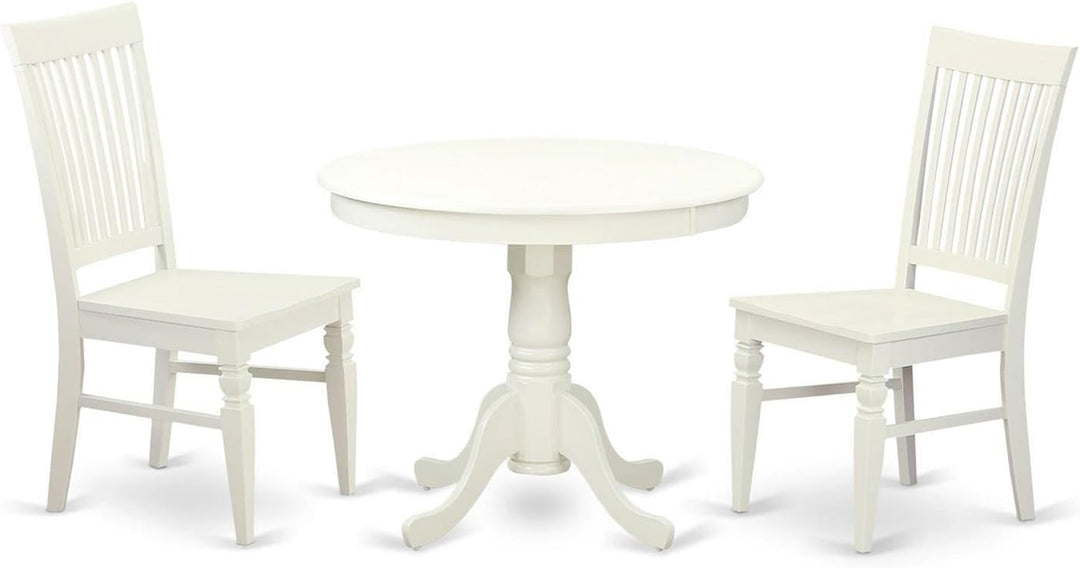 East West Furniture ANWE3-LWH-W 3 Piece Kitchen Table Set for Small Spaces Contains a round Dining Room Table with Pedestal and 2 Dining Chairs, 36X36 Inch, Linen White