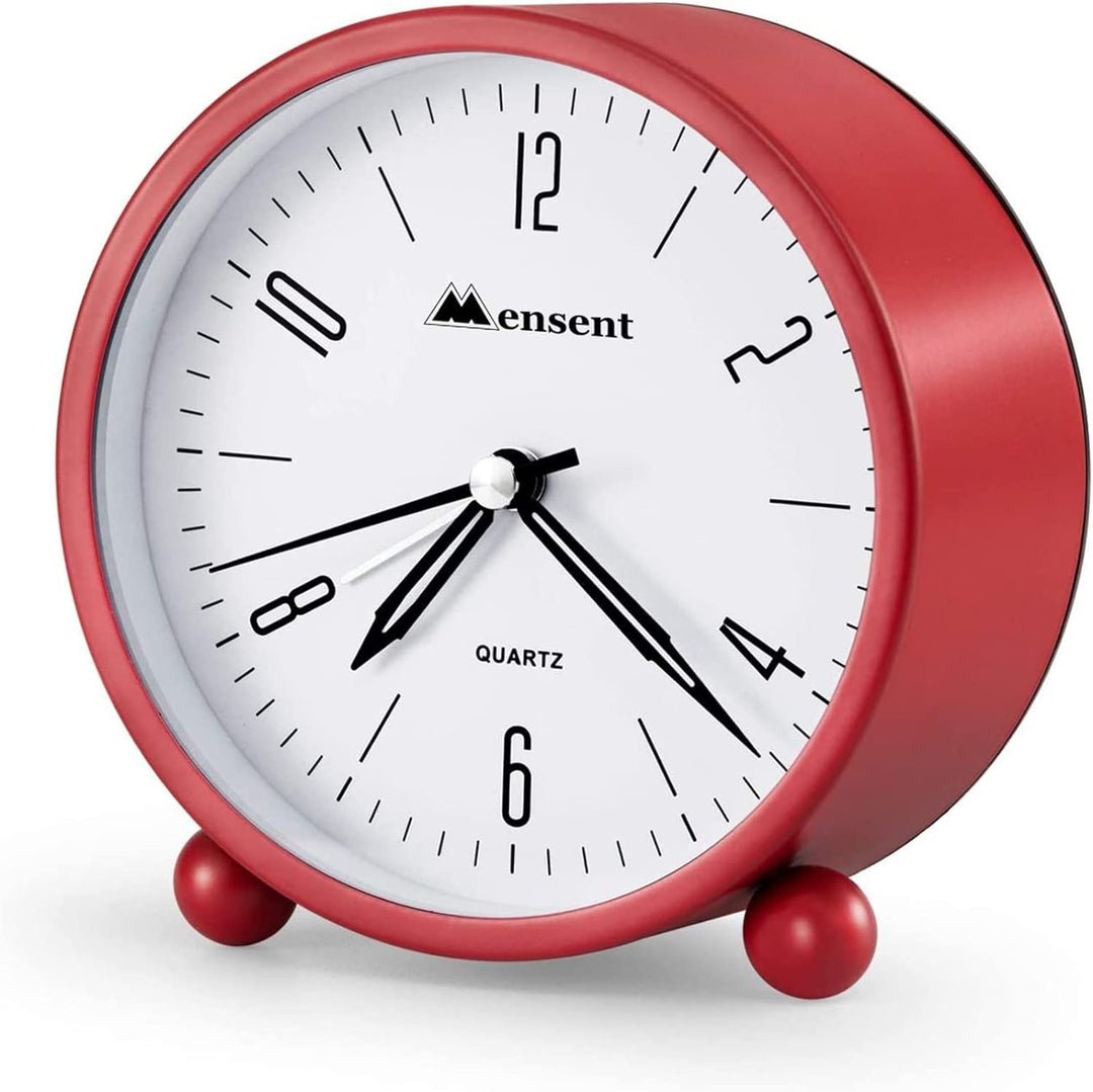 Analog Alarm Clock, 4 Inch round Silent Alarm Clock Non Ticking, Night Light, Snooze, Battery Powered Silent Alarm Clock, Simple Design Besidedesk Alarm Clock (Red)