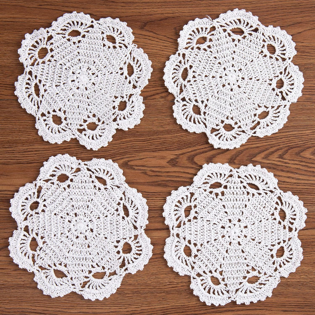 Round Coaster 4-Pieces Handmade Crochet Cotton Doilies Lace Table Hollow?Placemats 8-Inch (White)